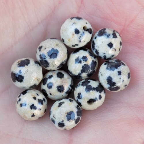 Perles de jaspe dalmatien (pierre fine) de 8 mm ou 12 mm et 8 mm ou 10 mm à facettes, trou 1 mm - ( x 2 ou 5)