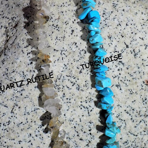 Perles chips quartz rutile - turquoise - pierres fines,  puces de 3 à 8 mm, fil de 20 cm (x1 pièce)