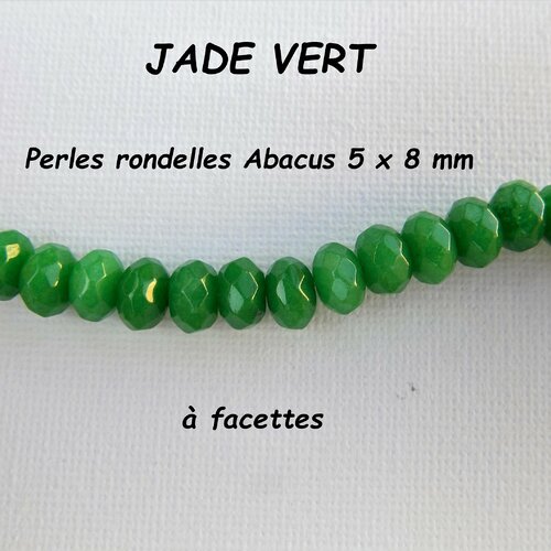 Perles de jade vert naturel pierre fine - perles abacus - rondelles à facettes 5 x 8 mm, trou 1 mm - (x 5)