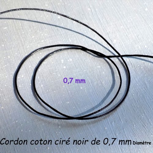 Fil cordon coton noir ciré, violet ou marron de 0,7 mm diamètre - / au mètre.