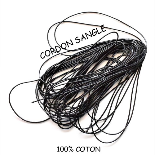 Cordon coton ciré sangle, noir brillant de 0,5 mm au mètre