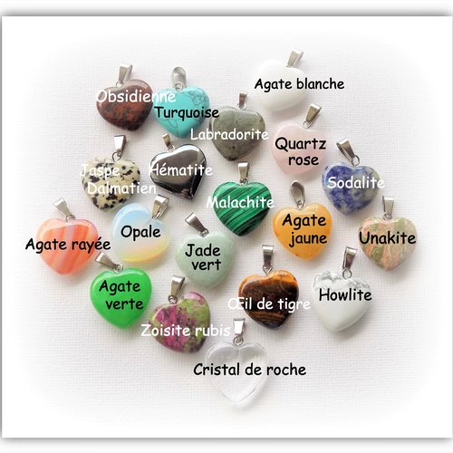 Pendentif cœur labradorite, opale, quartz rose, malachite, turquoise, œil de tigre... (pierres fines) 29 x 20 x 6 mm, bélière acier