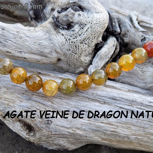 Perles d'agate veine de dragon 8 mm grade a +, jaune, ambre, roux, gris avec veines noires - pierre fine naturelle(x 5)