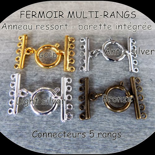 Fermoir anneau ressort 5 rangs de 29 x 19 mm - barrettes connecteurs intégrées avec 5 trous, argent, argent vieilli, or, bronze