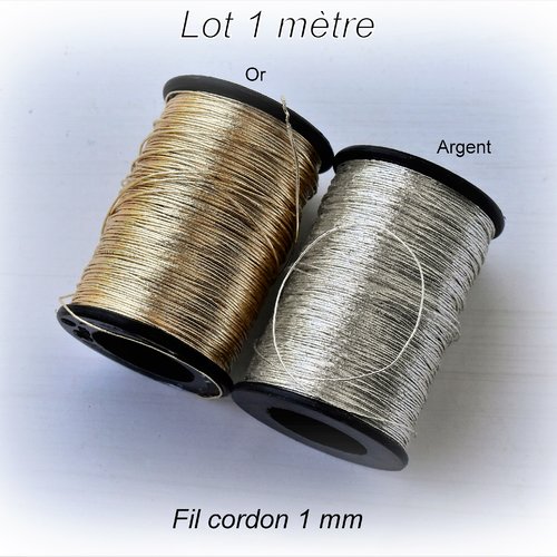 Cordon or clair ou argent en coton et lurex, 1 mm diamètre - / au mètre.