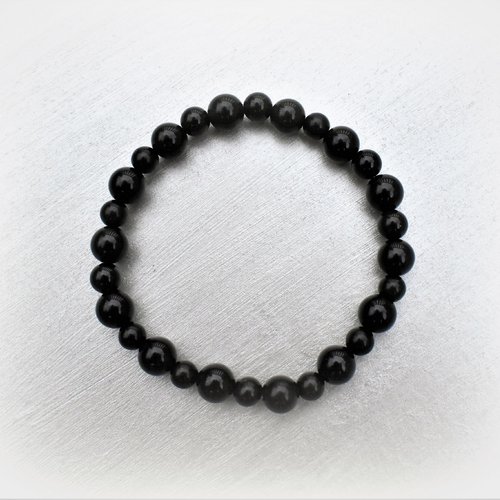 Bracelet perles d'obsidienne noire grade a , alternance 6 et 8 mm - stretch cristal - (x 1 unité)