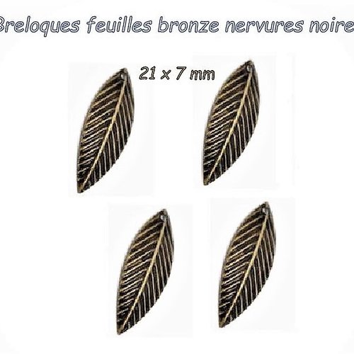 Breloque "feuille" 21 x 7 mm bronze nervures noires (x10)