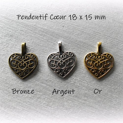 Pendentif cœur filigrane argent antique, or antique ou bronze,  h 18 mm x  l 15 mm - (x 1 pièce)