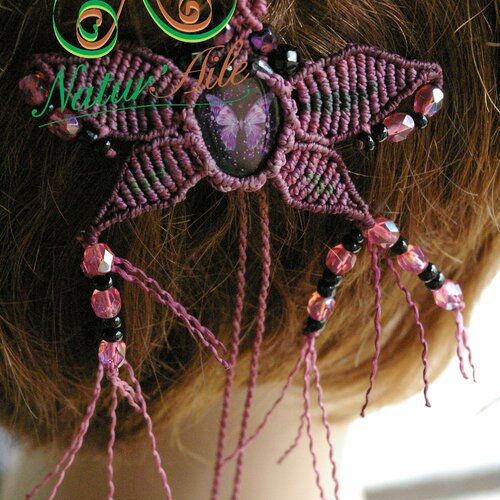 Natte maïta papillon  violet et perles rose multifacette et noir,#dreads# atebas#boho #macramé#bijoux#cheveux#unique#accessoires