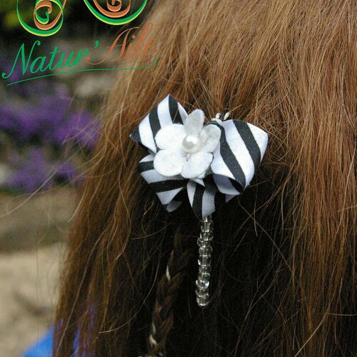 Natte maïta, tresse amovible, fleur blanche et noeud noir et blanc,accessoires de coiffure, atebas, dreads, en macramé style  boho