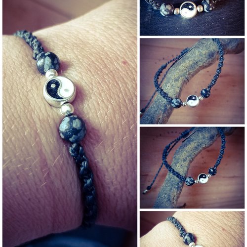 Bracelet macramé gris yin yang et perles obsidienne neige et métal style boho