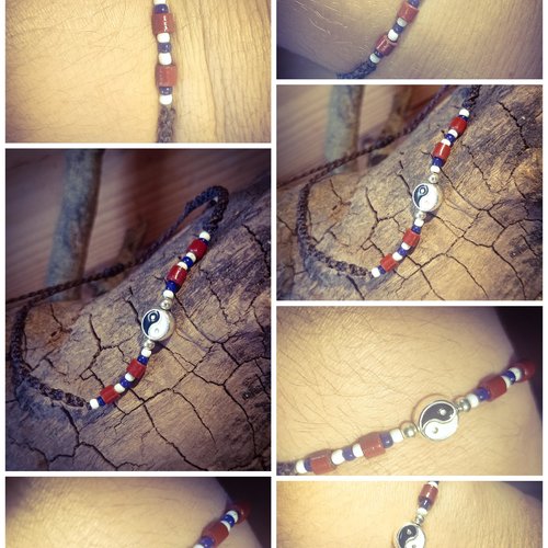 Bracelet macramé marron yin yang et perles blanche, bleu et rouge style boho