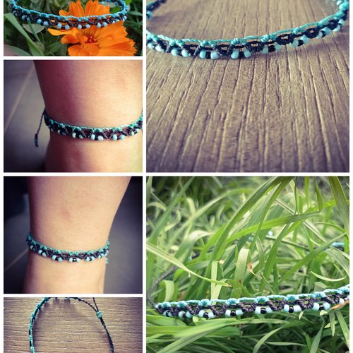 Léa * chevillère et /ou bracelet macramé original zigzag noir et bleu, perles noir et bleu