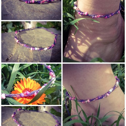 Eva* chevillère et /ou bracelet macramé original violet et perles violet et rose