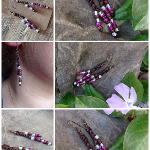 Pauline * boucles d’oreilles perles suspendu marron et perles violettes style bohème