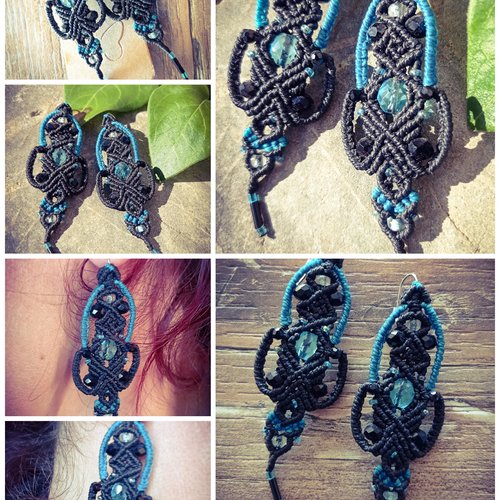 Margaux * boucles d'oreilles longue macramé noir et bleu, perles bleu cristal et perles multifacette noir.
