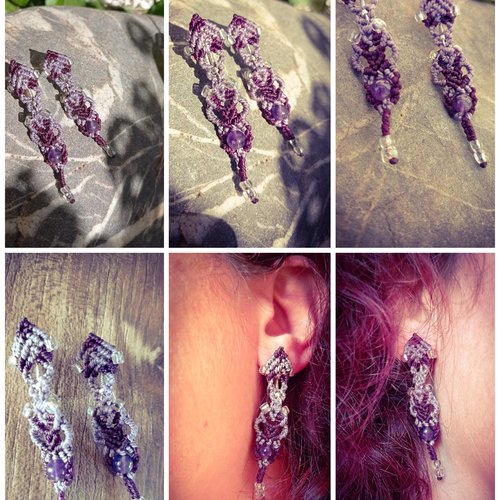 Julia* boucles d’oreilles macramé jolies perles d’améthyste, violine et violet, couvre lobe style bohème