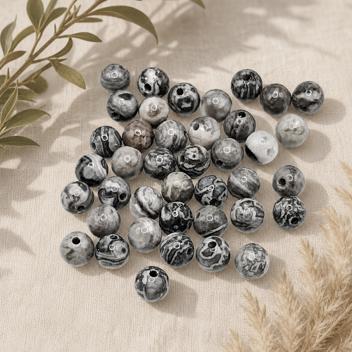 Lot de 40 perles rondes en jaspe picasso gris naturel 4mm