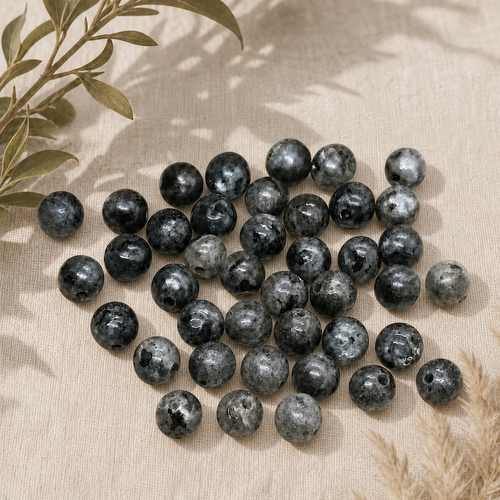 Lot de 40 perles rondes en larvikite naturelle (labradorite noire) 4mm