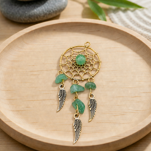 Pendentif attrape-rêves doré, aventurine verte