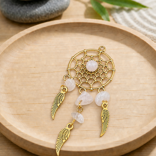Pendentif attrape-rêves doré, quartz rose