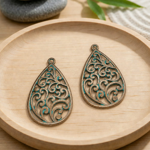 Pendentifs goutte filigrane bronze patiné 40x20mm par 2