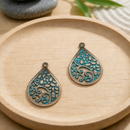 Pendentifs goutte filigrane bronze patiné 30x20mm par 2
