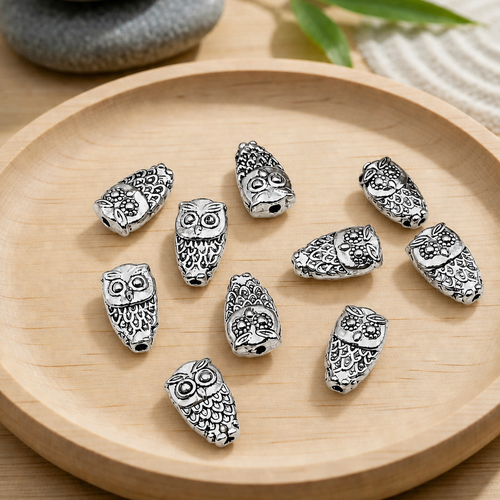 Perles passantes hibou en métal argenté vieilli 10x6mm par 10