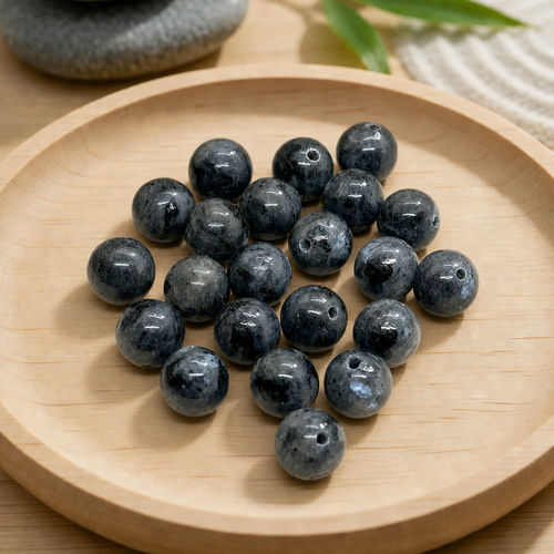 Perles rondes en larvikite naturelle (labradorite noire)