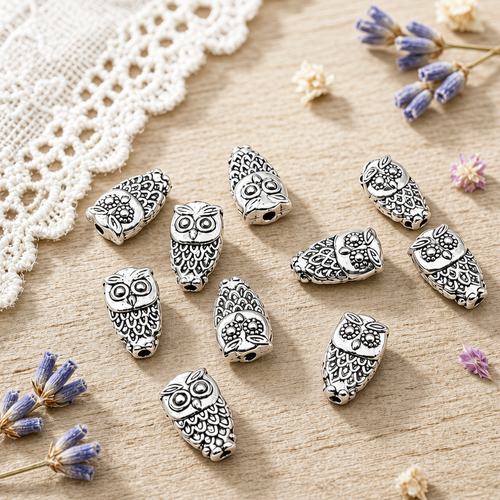 Lot de 10 perles hibou en métal argenté vieilli 10x6mm, trou 1mm