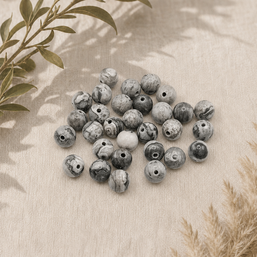 Lot de 30 perles rondes en jaspe picasso gris naturel 6mm