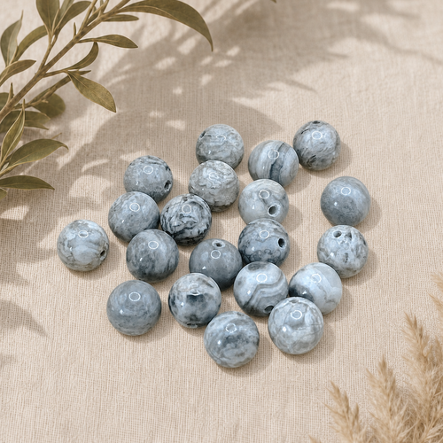 Lot de 20 perles rondes en jaspe picasso gris naturel 8mm