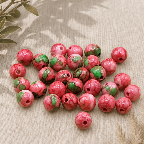 Lot de 30 perles rondes en jaspe fleur de pluie rose naturelle 6mm - teintées