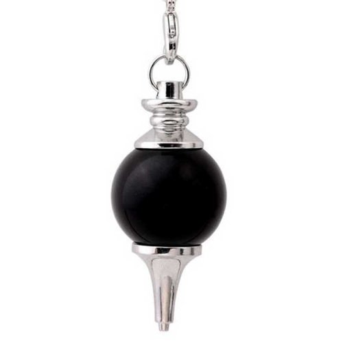 1 pendule / pendentif en agate noire - séphoroton - boule - pendule divinatoire - avec chaîne argentée (pp-agn01)