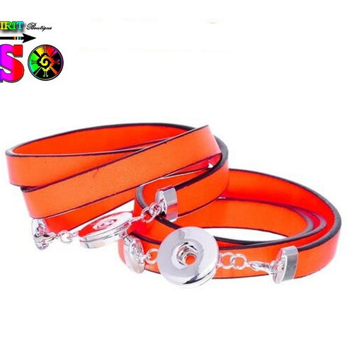 Bracelet chunk en cuir couleur orange fluo 3 tours pour bouton pression métal argenté