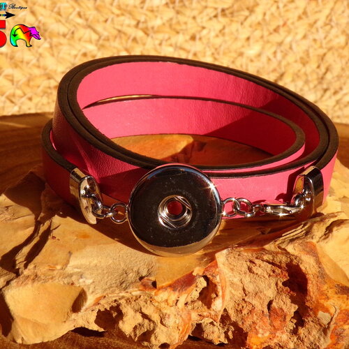 1 bracelet chunk en cuir couleur rose poudré - bracelet 3 tours  - bouton pression en cuivre plaqué argent.