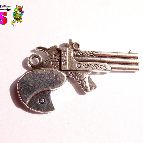 Grand pendentif colt western gravé de 4.3 cm (&quot;1.69)en laiton argent vieilli - pendentif gravures motifs arabesques pour création bijoux