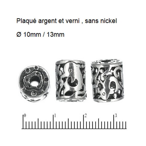 12 grandes perles tubes de 1.3 cm / alliage tibétain plaqué argent / motifs dauphins ciselés / perles ethniques / créations amérindiennes