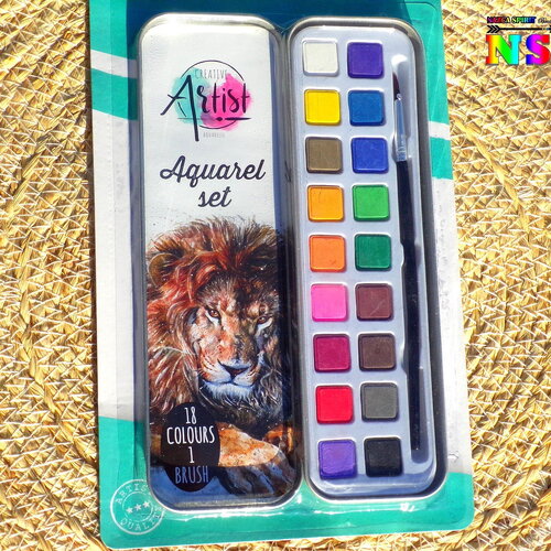 Boite métal contenant un set de 18 carrés d'aquarelles artistiques avec pinceau - water colors artistic - aquarelles creative artist