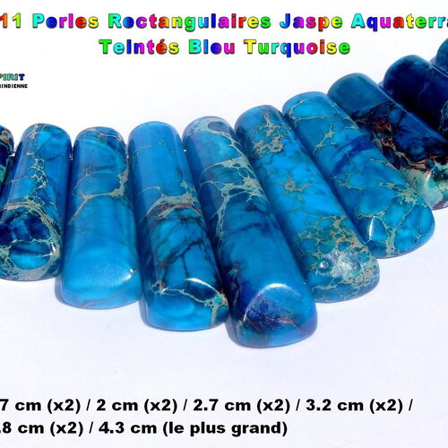 11 perles pendants rectangulaires percés / jaspe aquaterra / jaspe teinté / bleu turquoise clair - foncé / veines bleu cobalt et beige