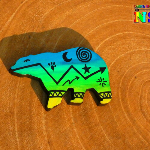 Grand ours zuni en céramique froide peint à la main - motifs native american ethniques noirs - bleu turquoise vert pomme jaune