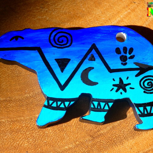 Grande perle pendant  ours zuni céramique froide -pendentif ethnique peint à la main couleurs bleu cobalt turquoise-pendant bijoux