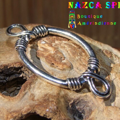 Connecteur ovale tribal ethnique ouvragé de 3.6 cm x 1.7 cm en métal couleur argent vieilli - 2 points d'attache