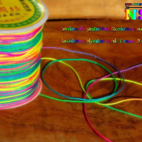 10 mètres (10.93 yds) de cordon polyester - cordon de 1 mm ∅ (&quot;0.039)  - multicolore arc-en-ciel - cordon pour création bijoux