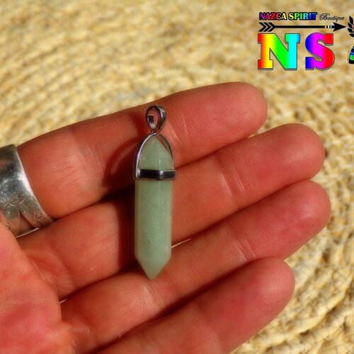 Pendentif bélière ouvragée plaqué argent et aiguille d'aventurine naturelle sertie de 4 cm x 0.9 cm (&quot;1.57x&quot;0.35)- pendentif lithothérapie