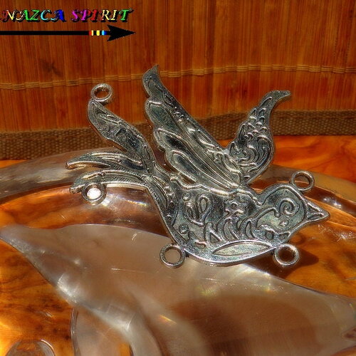 6 grands conneteurs / oiseau stylisé / 5 points d'attache / alliage tibétain / argent vieilli / bracelet pendentif