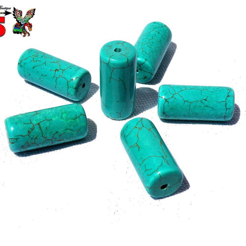 2 grandes perles tubes colonnes - gemme howlite turquoise bleu vert - création bijoux tribal ethnique - perles de 2.5 cm de long (&quot;0.98)