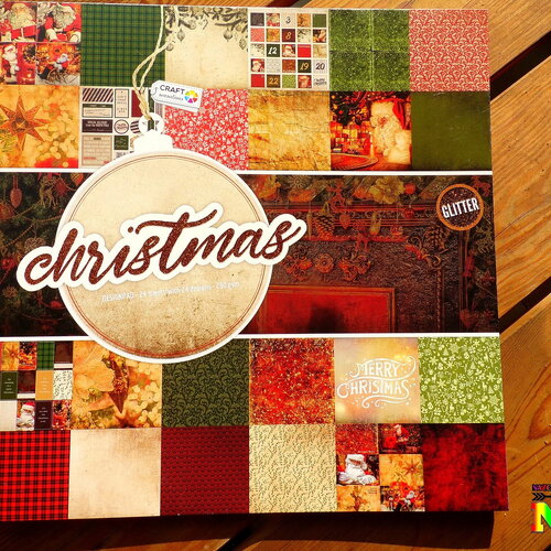 Grand bloc de 24 feuilles 230 grammes carrées bristol spécial craft noël d'autrefois de 30.5 cm (&quot;12) - photos rouge vert glitter - fêtes