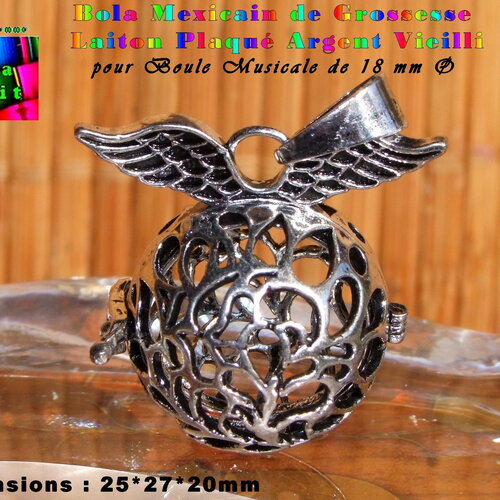 1 bola de grossesse-naissance - bola mexicain argent vieilli - pendentif ciselé laiton plaqué argent - bola pour boule musicale de 16 mm ∅