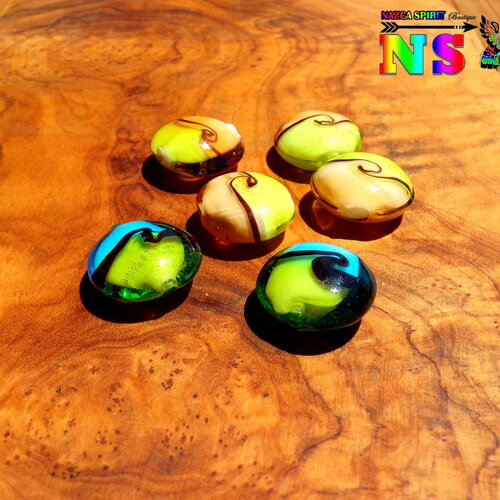 6 perles rondes en verre de murano de 2 cm (&quot;0.78) - verre lampwork turquoise et vert pomme et jaune - verre artisanal multicolore fait main